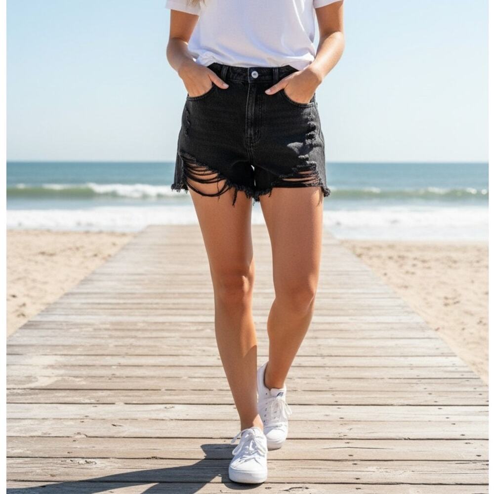 Rolla's Dusters High Rise Slim Raw Hem Cut Off Denim Shorts Black Size 25
